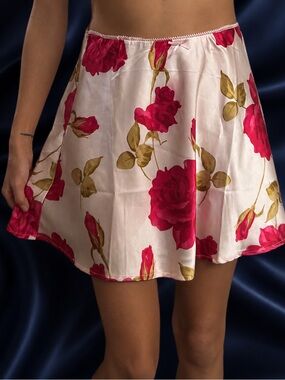 Baby Pink Floral Satin A-Line Skirt with Red Rose Print